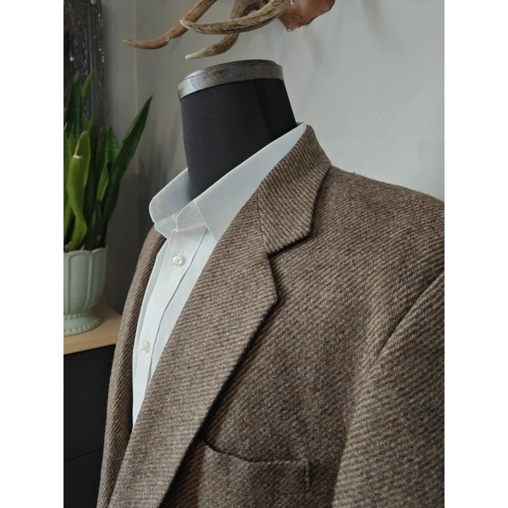 Vtg Haggar Mens Tweed Sports Coat 46L Brown USA Wool Blazer Elbow Patches